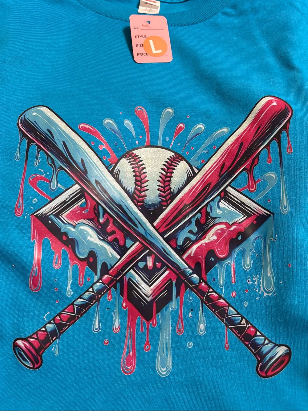 NEW Graphic Baseball Crossed Bats Tee in Bright Teal, Pink & Light Blue- Large